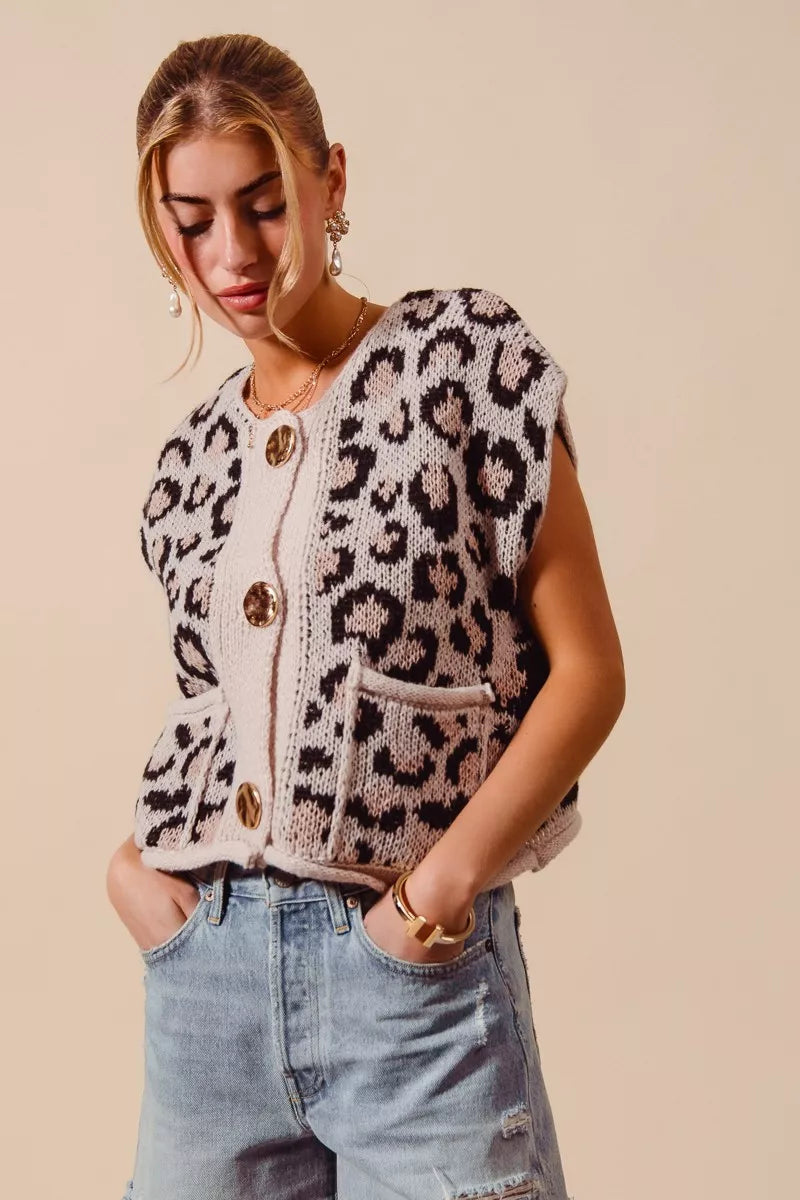 Leopard Metal Button Sweater Vest -