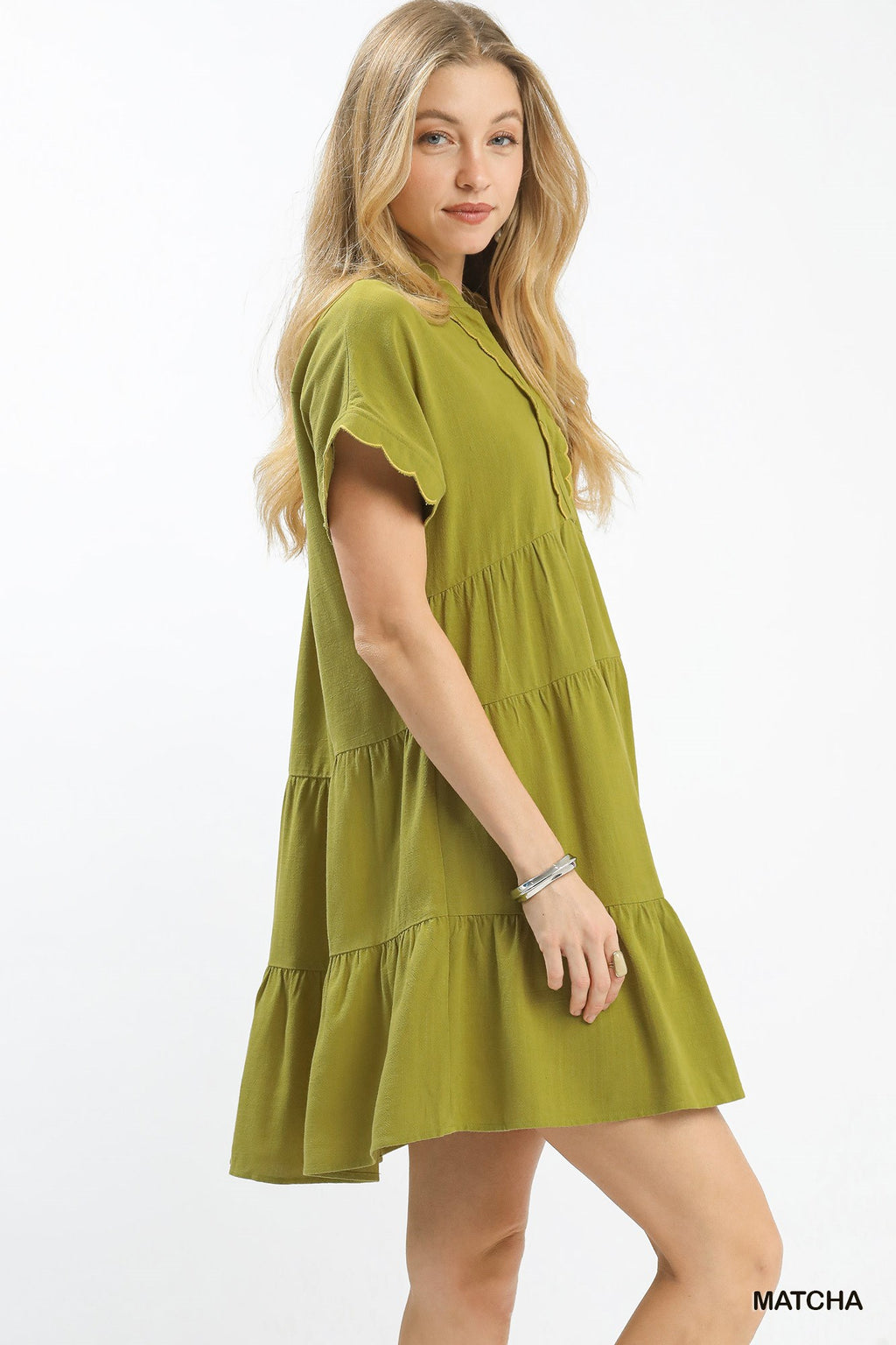 Scallop Trim Linen Mini Dress -