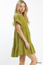 Scallop Trim Linen Mini Dress -