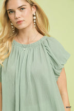 Mint Crinkle Flutter Sleeve Blouse -