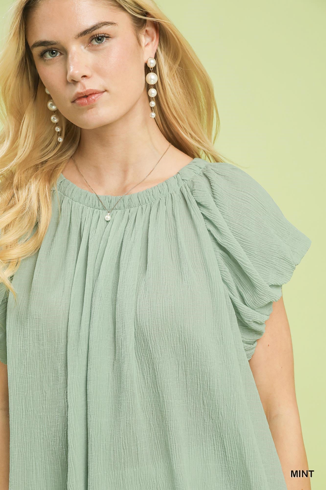 Mint Crinkle Flutter Sleeve Blouse -