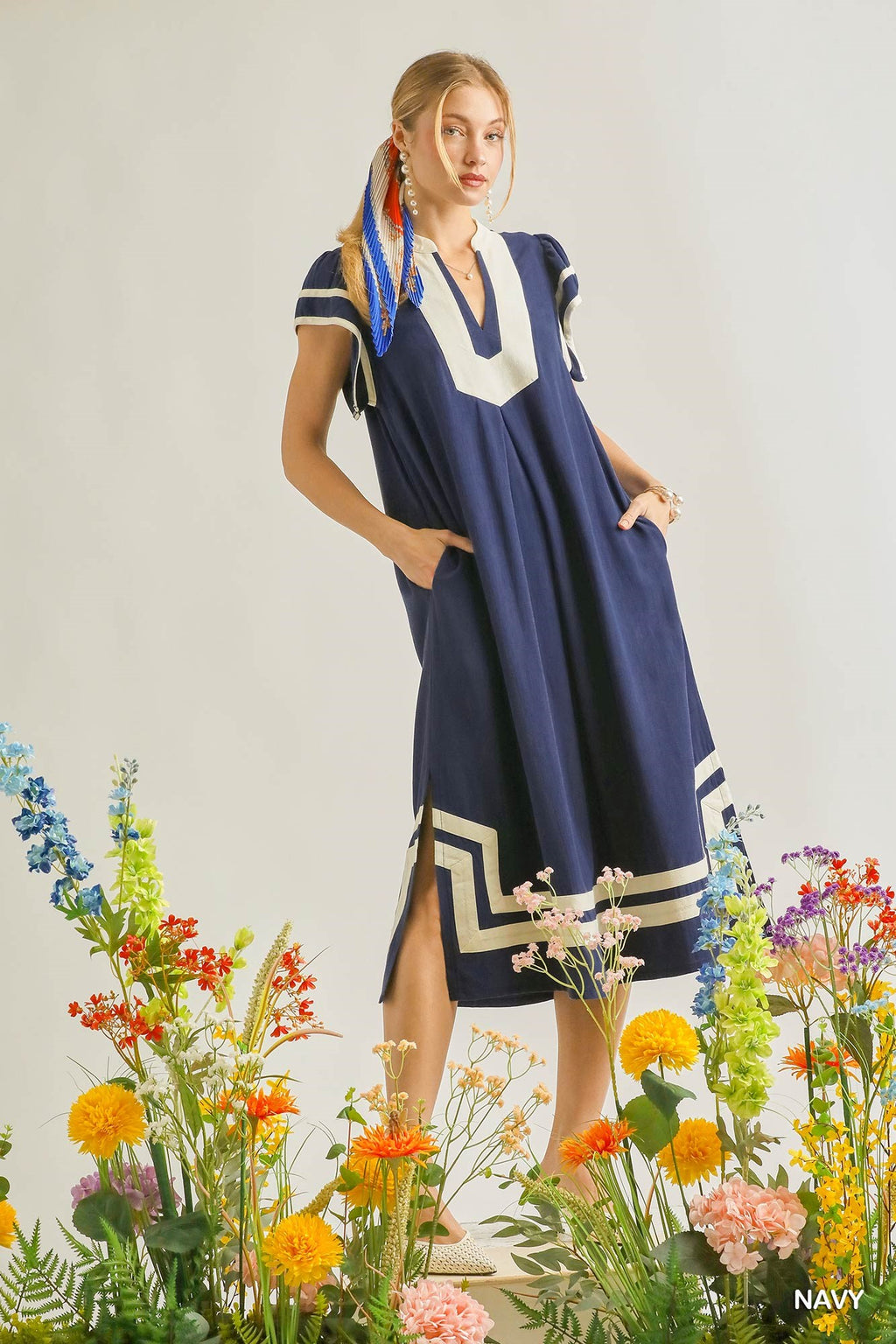 Contrast Neckline Linen Cotton Midi Dress - NAVY