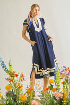 Contrast Neckline Linen Cotton Midi Dress - NAVY
