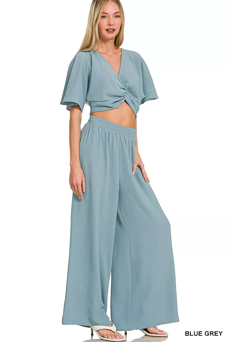 Blue Grey Airflow Twist Top Wide Leg Set -