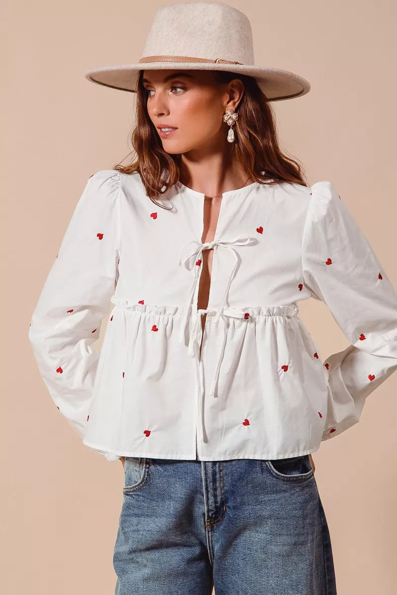 Front Tie Heart Puff Sleeve Blouse -