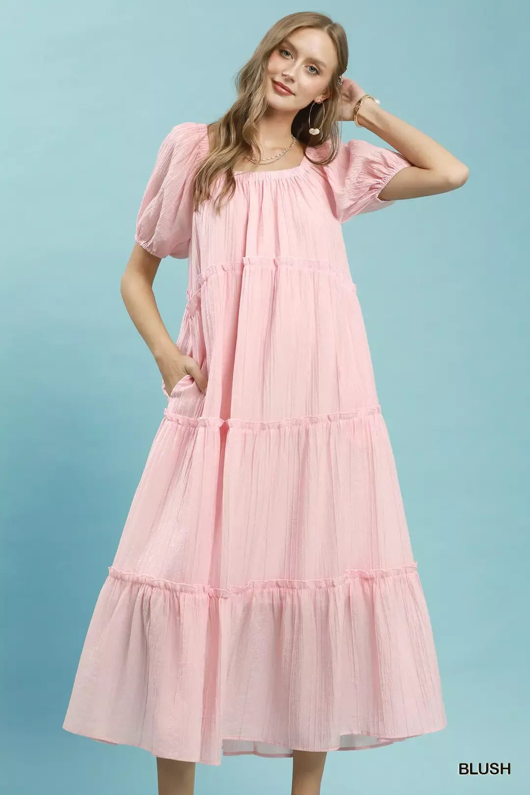 Textured Tiered Puff Sleeve Dress -