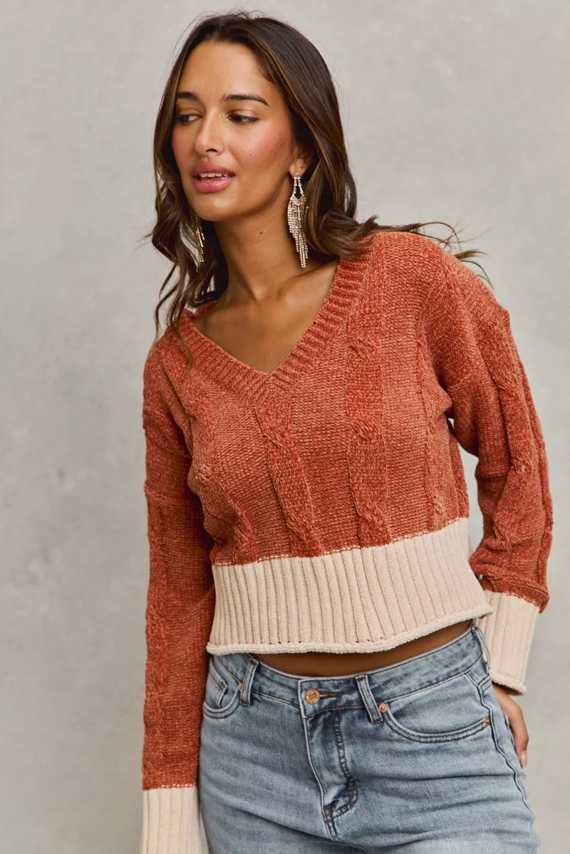 Chenille Cable Knit V Neck Sweater -