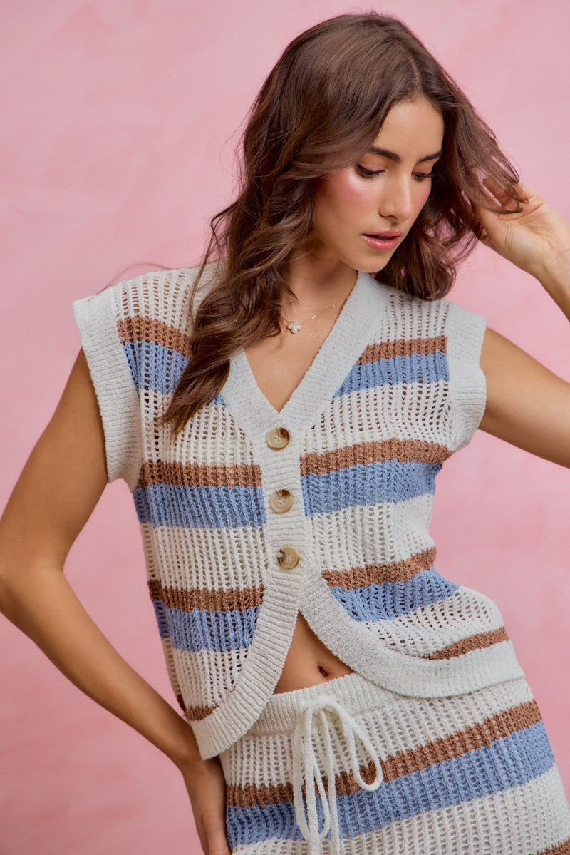 Multi Stripe Button Sweater Vest -