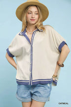 Linen Button Front Contrast Piping Shirt - OATMEAL