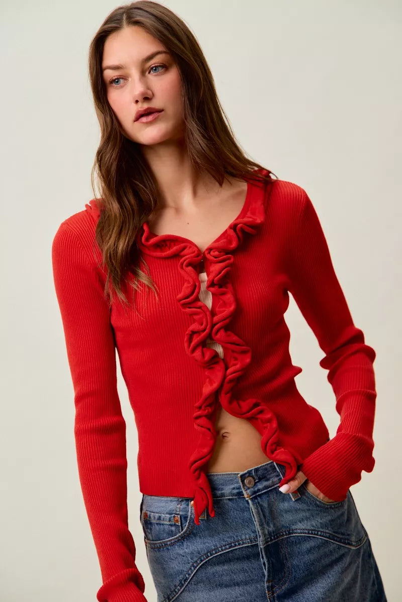 Cascade Ruffle Ribbed Cardigan -