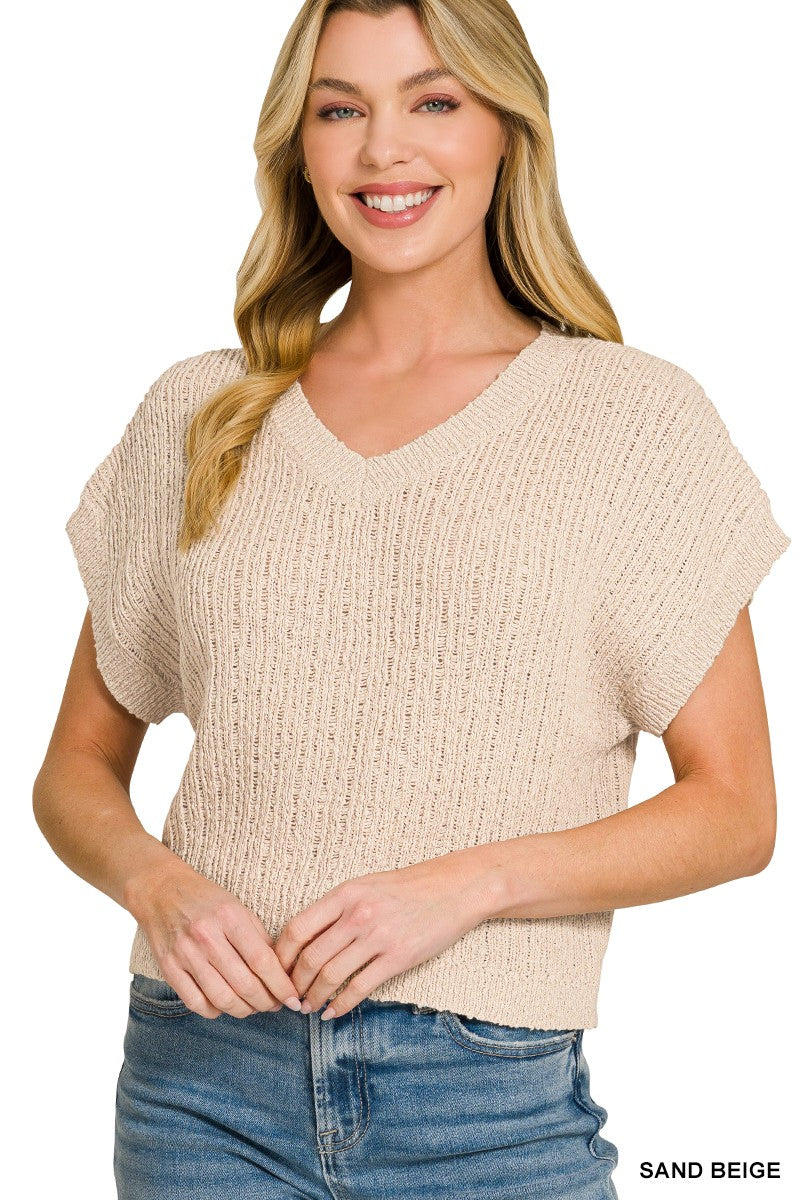 Textured Knit V-Neck Crop Sweater -