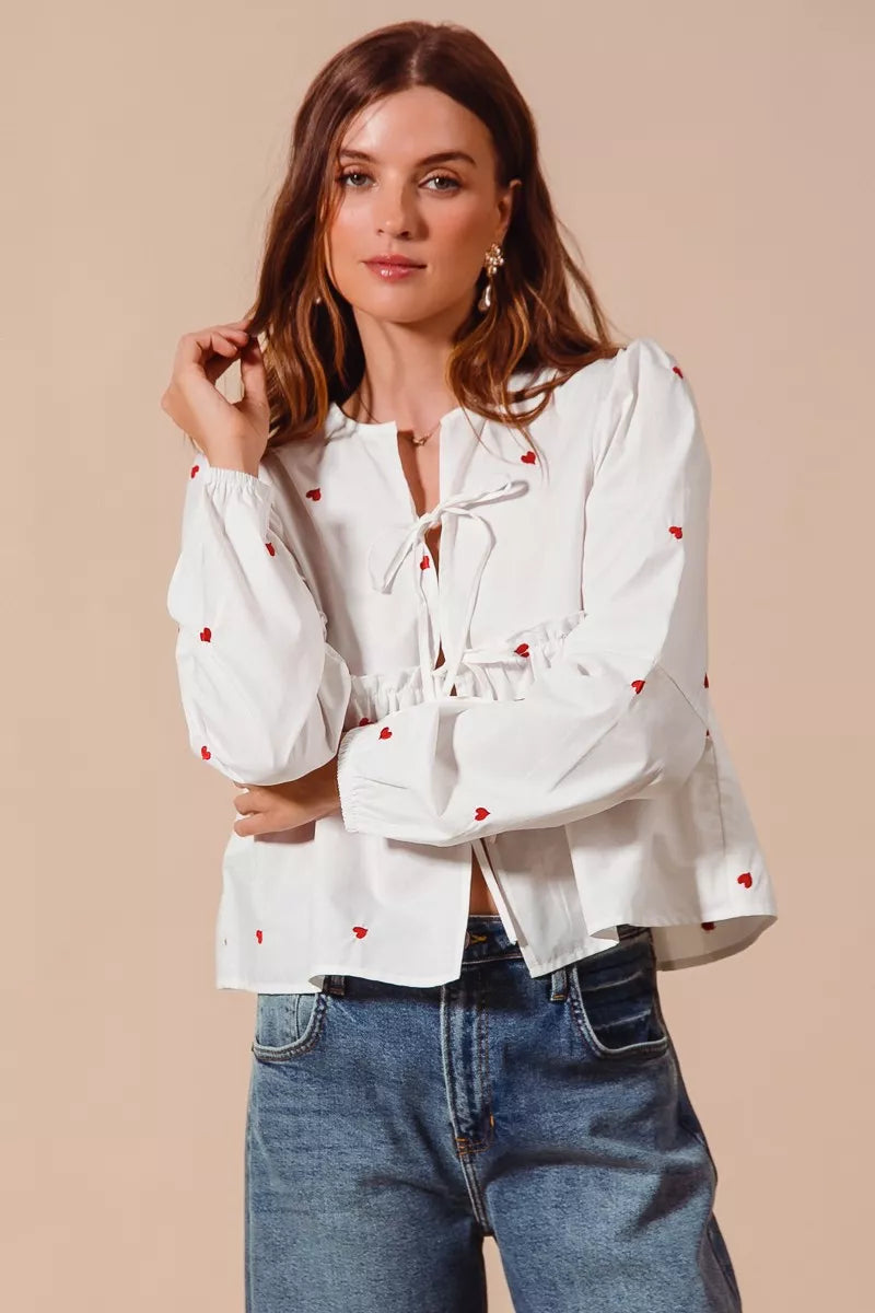 Front Tie Heart Puff Sleeve Blouse -