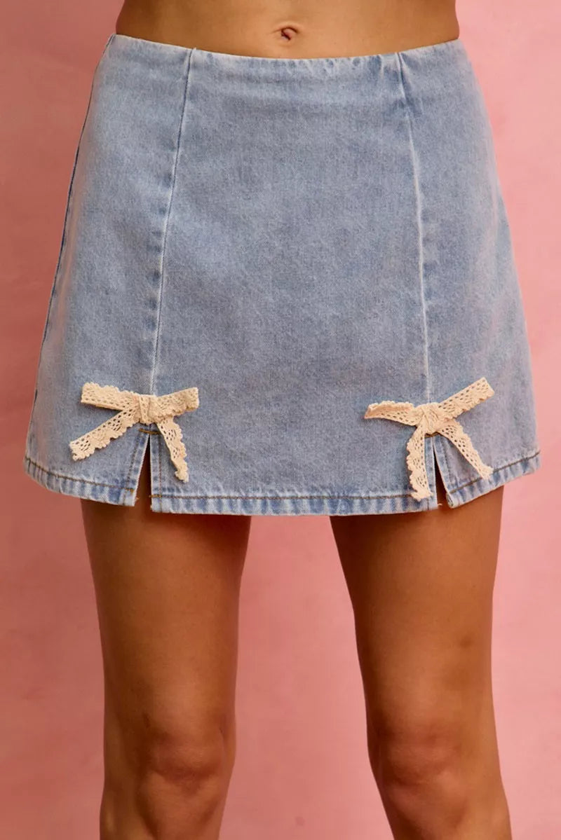 Lace Ribbon Trim Denim Mini Skirt -