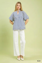 Striped Puff Sleeve Babydoll Blouse -