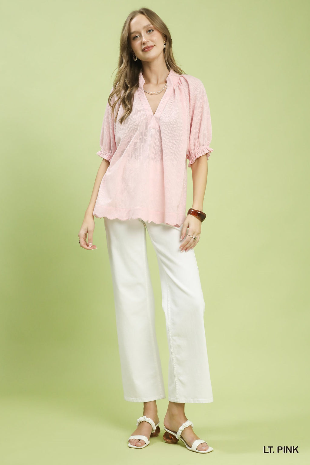 Textured Pintuck Split Neck Blouse -