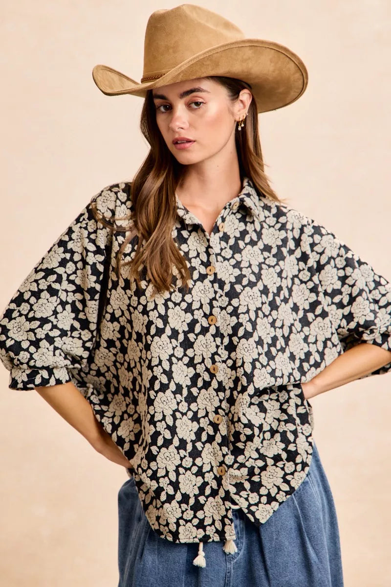 Floral Jacquard Short Dolman Sleeve Shirt -