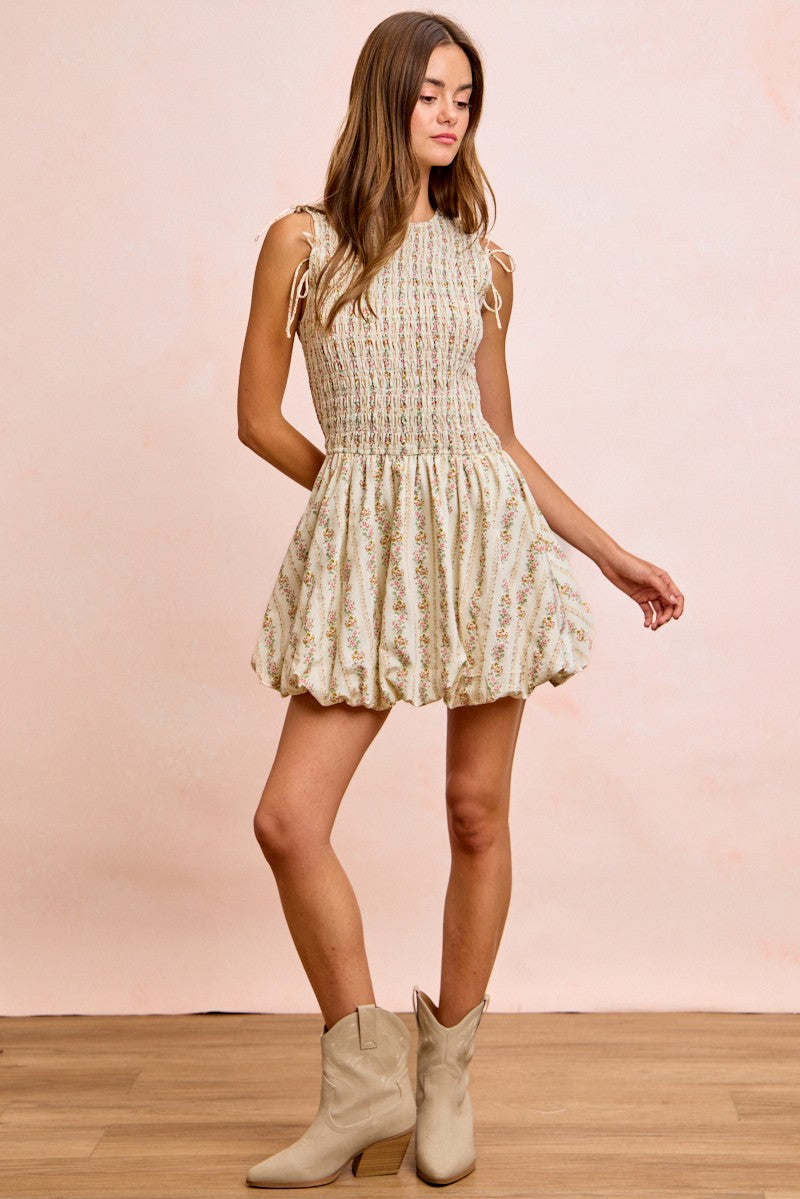 Floral Bow Tie Puff Sleeve Dress -