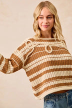Striped Open Knit Braided Detail Sweater -