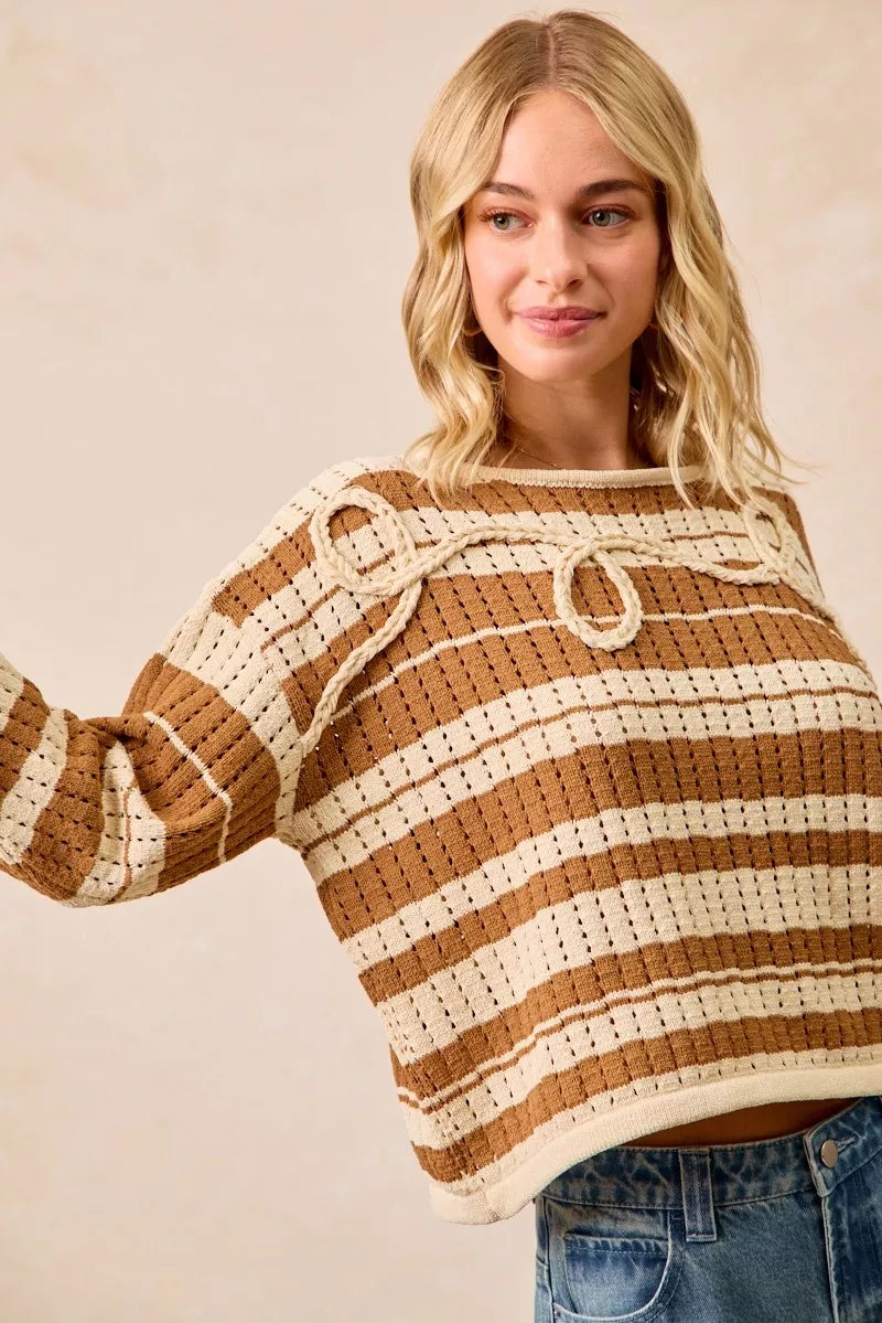 Striped Open Knit Braided Detail Sweater -