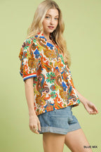 Abstract Jacquard Split Neck Blouse -
