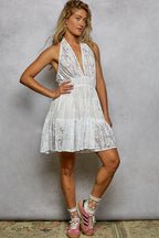 Lace Patch Halter Ruffle Mini Dress - IVORY