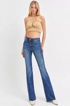 Distressed Mid Rise Flare Leg Jeans - DARK