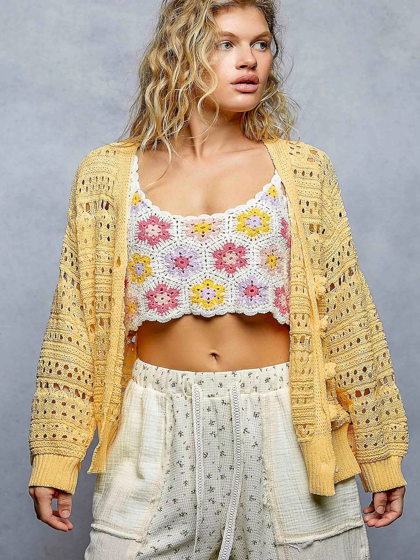 Floral Open Knit Button Cardigan -