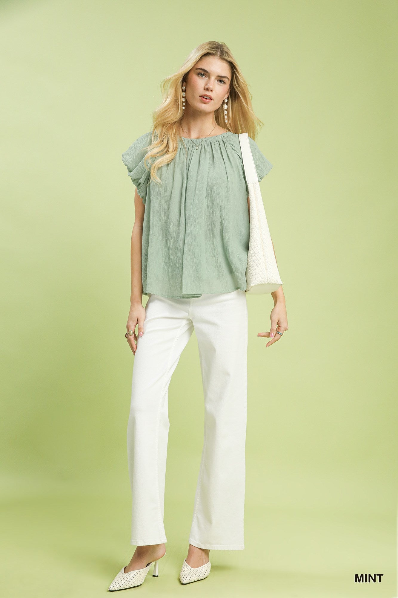 Mint Crinkle Flutter Sleeve Blouse -
