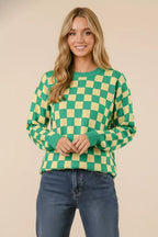 Checkered Pattern Knit Pullover Sweater -