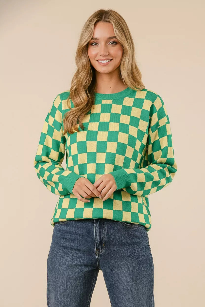 Checkered Pattern Knit Pullover Sweater -