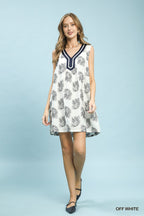 Floral Contrast V-Neck Dress - OFF WHITE
