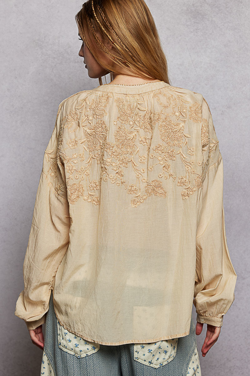 Embroidered Washed Button Down Shirt -