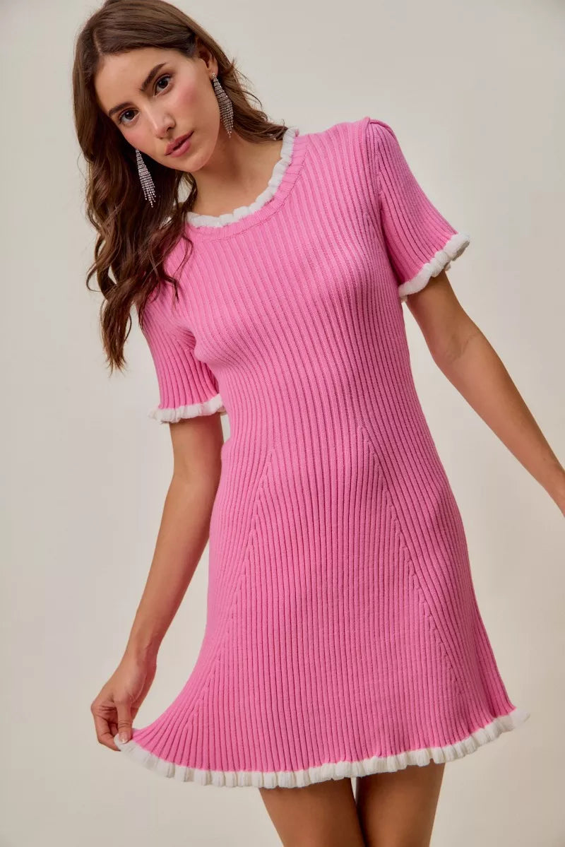 Contrast Ruffle Trim Knit Mini Dress -