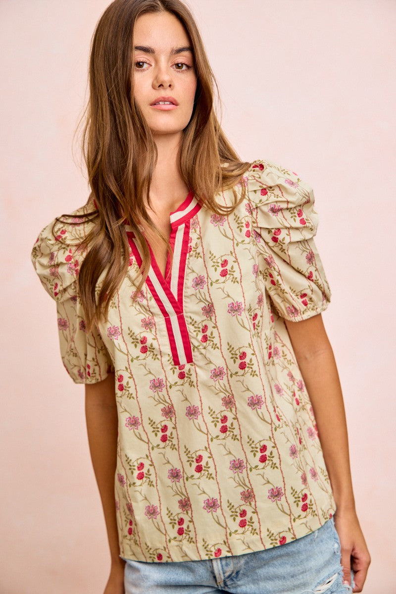 Floral Contrast Neck Puff Blouse Secondary image