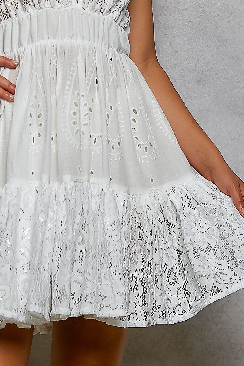 Lace Patch Halter Ruffle Mini Dress -