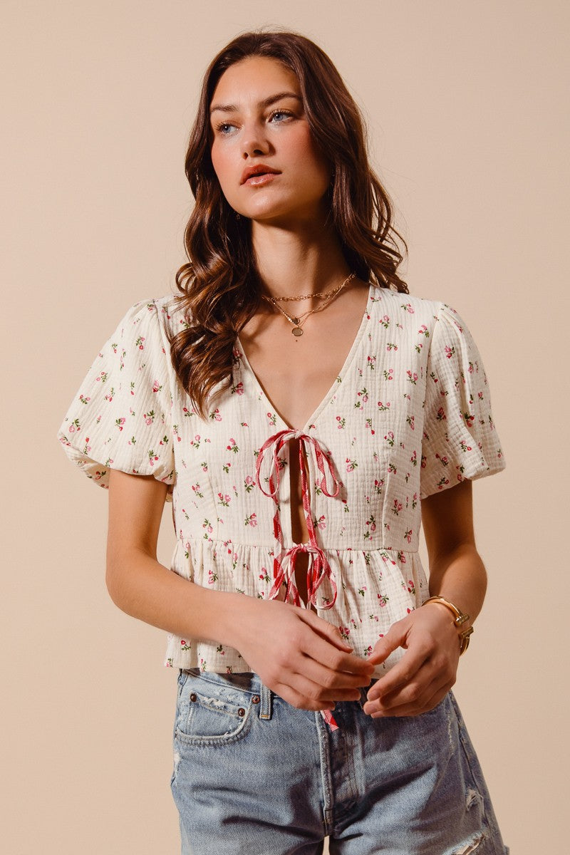 Ditsy Tie-Front Gauze Blouse -