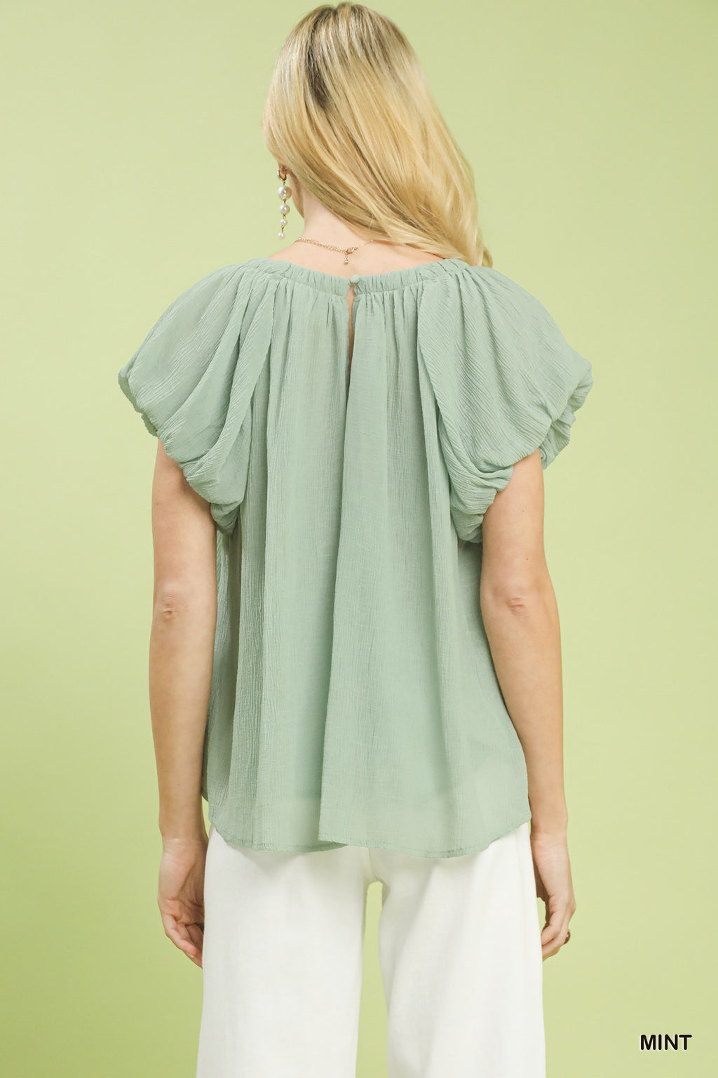Mint Crinkle Flutter Sleeve Blouse -