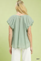 Mint Crinkle Flutter Sleeve Blouse -