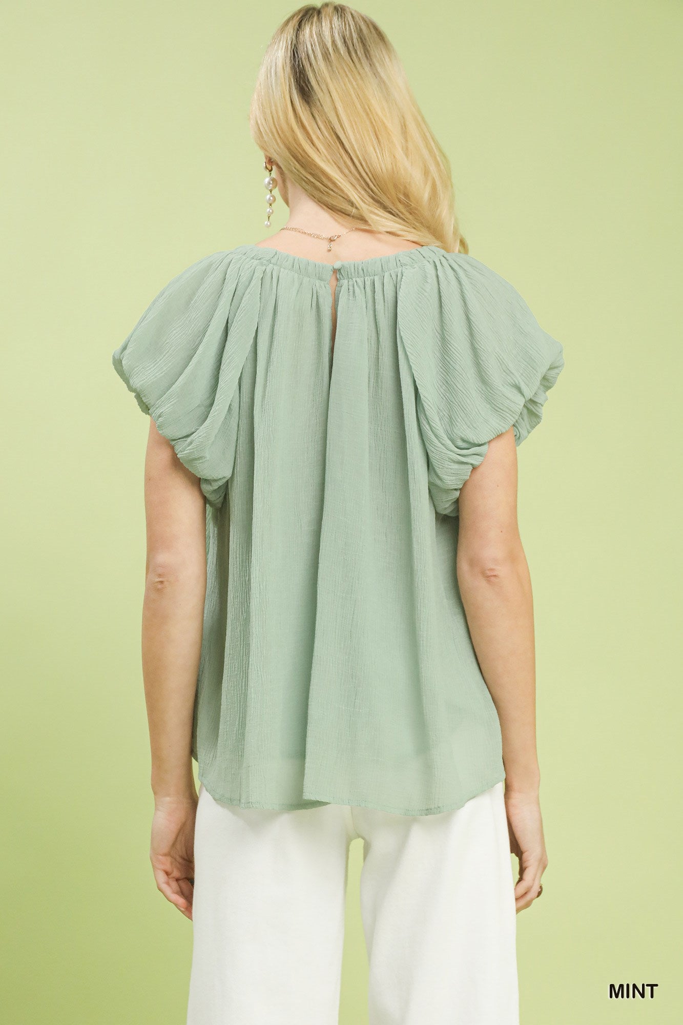 Mint Crinkle Flutter Sleeve Blouse -