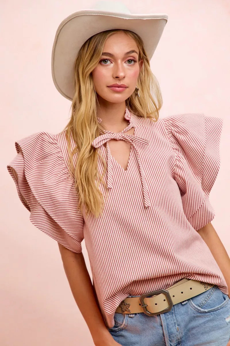 Striped Twill Ruffle Sleeve Blouse -