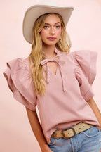 Striped Twill Ruffle Sleeve Blouse -