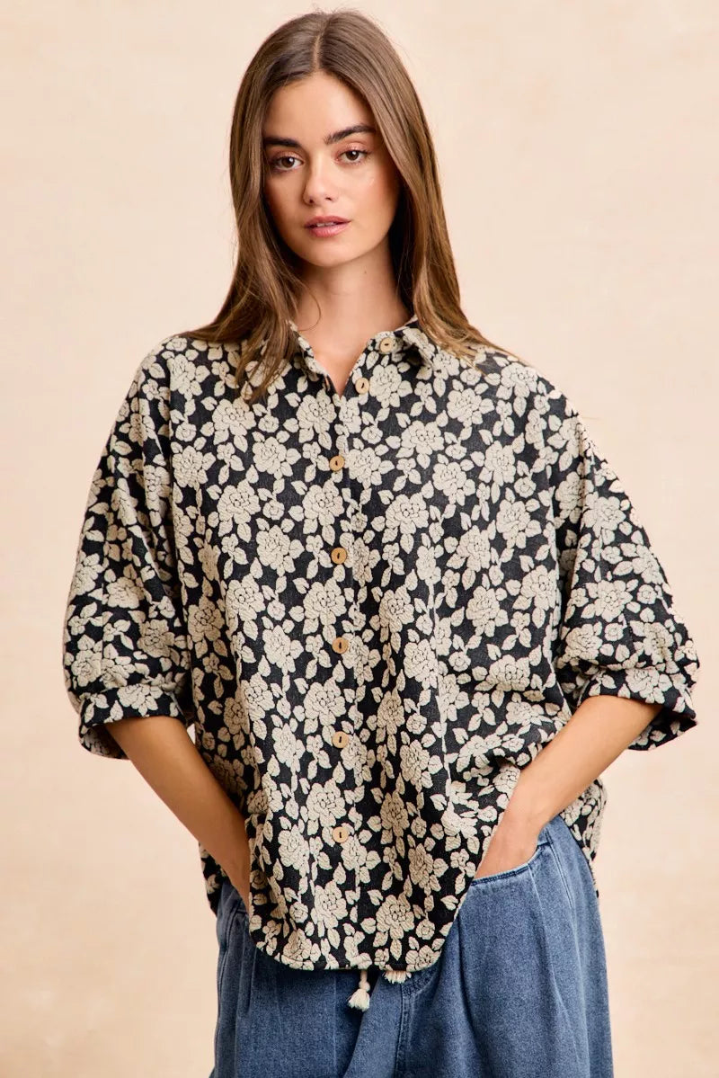 Floral Jacquard Short Dolman Sleeve Shirt - BLACK LT GREY Main image