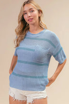 Patch Pocket Striped Lightweight Sweater - DENIM NAVY