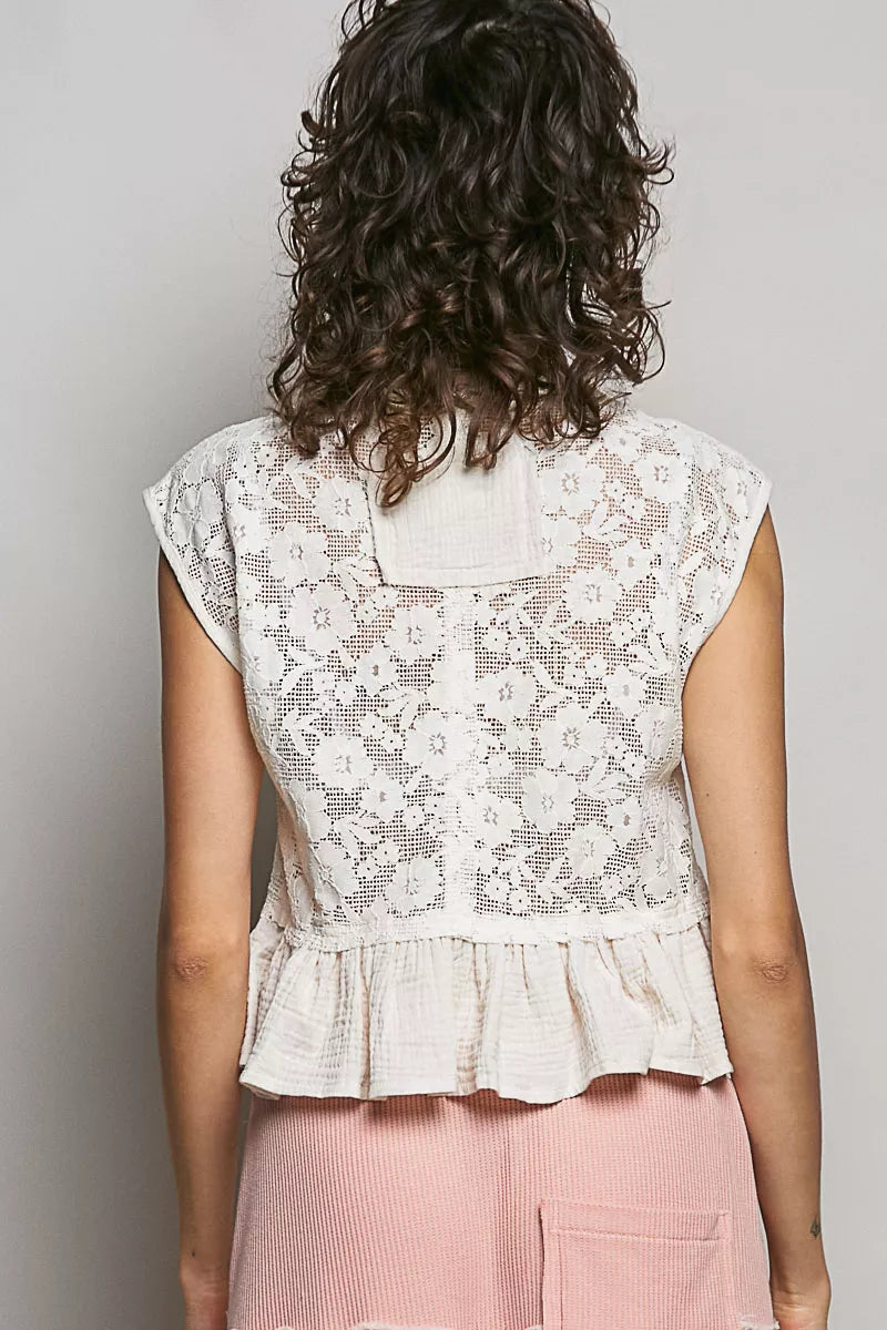 Lace Ruffle Sleeveless Peplum Blouse -