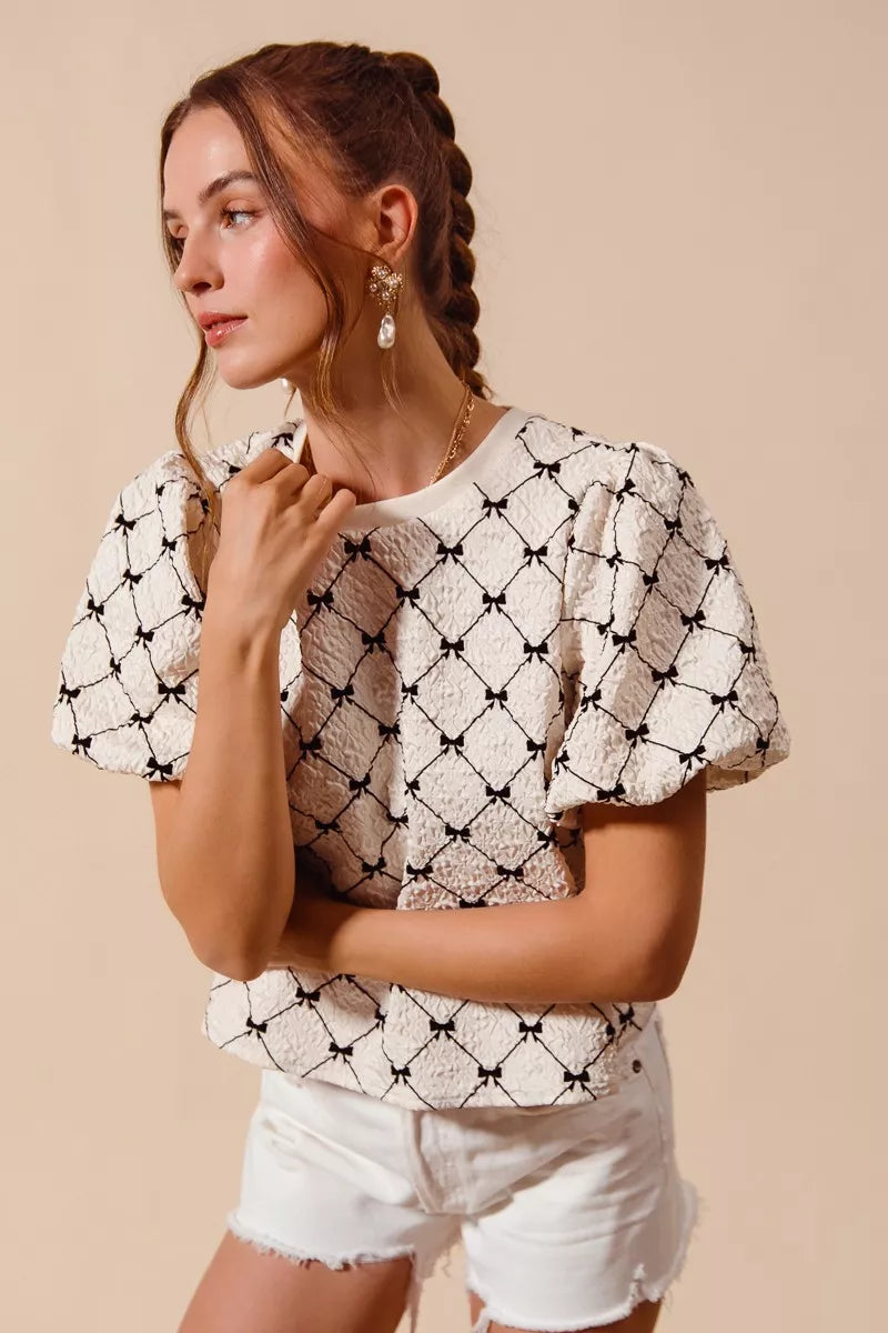 Textured Bubble Sleeve Woven Top -