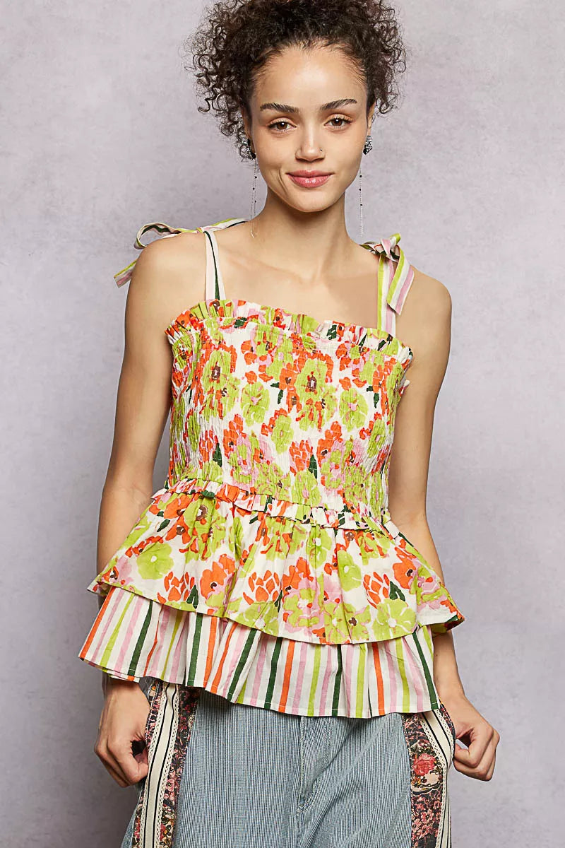 Floral Smocked Ruffle Tie Cami - LIME MULTI