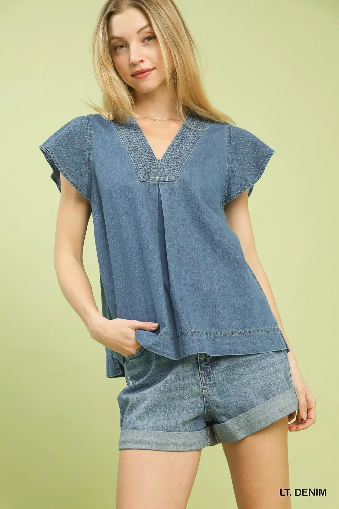 Cap Sleeve Denim Babydoll Top - LT.DENIM