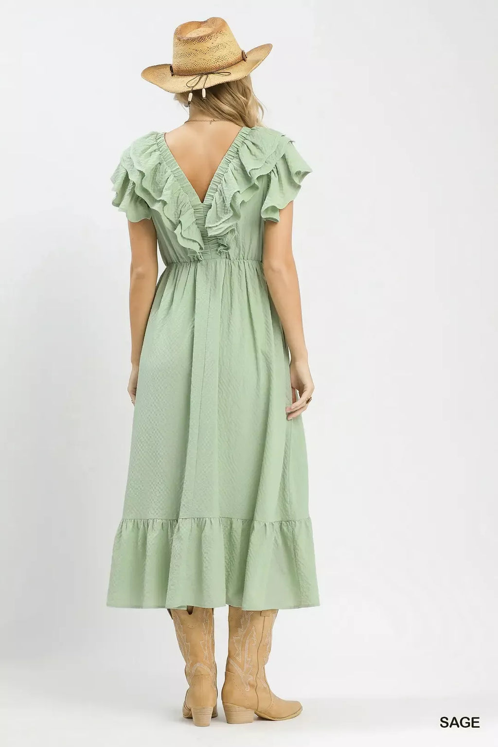 Textured Ruffle Sleeve Midi Dress -