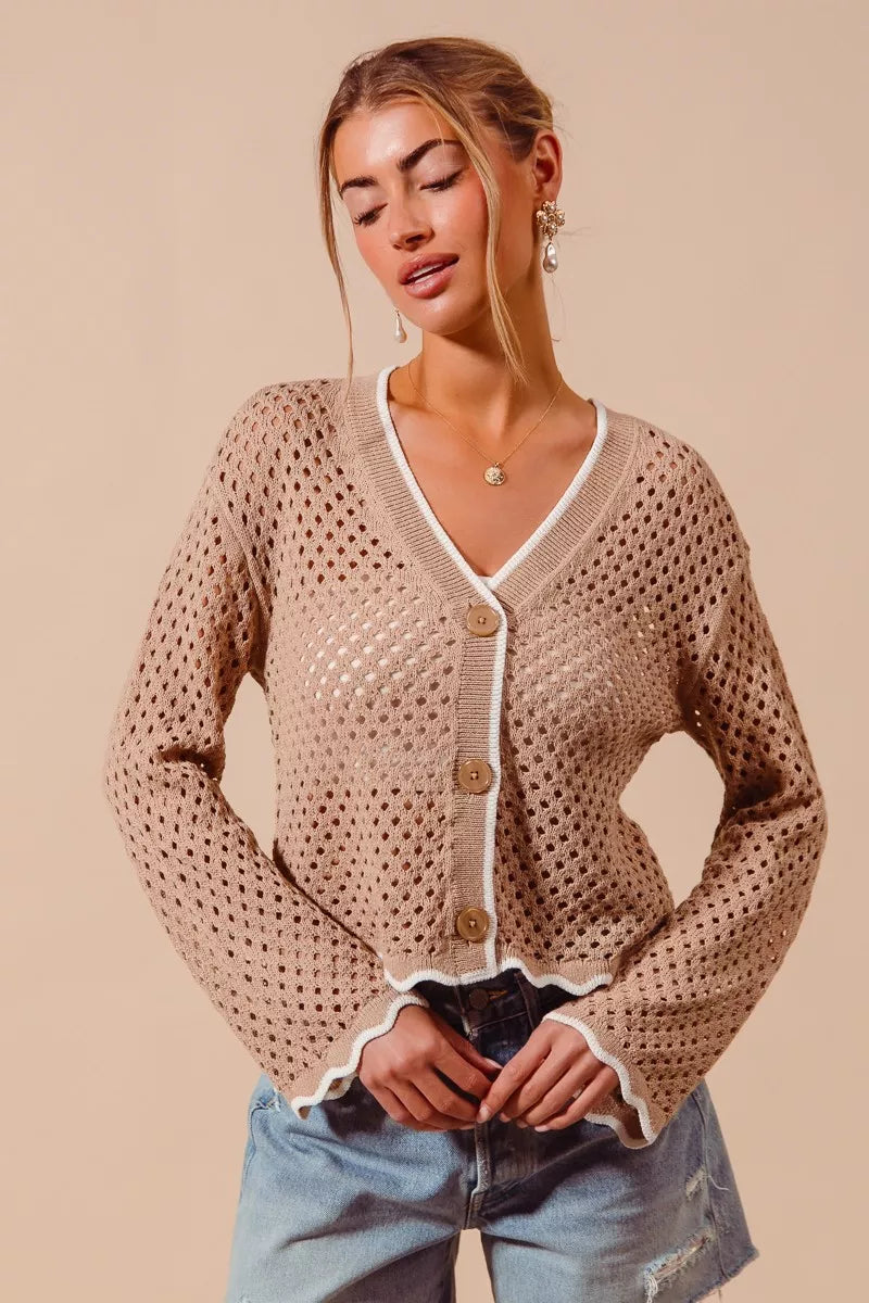 Scallop Trim Open Knit Cardigan - Taupe Ivory