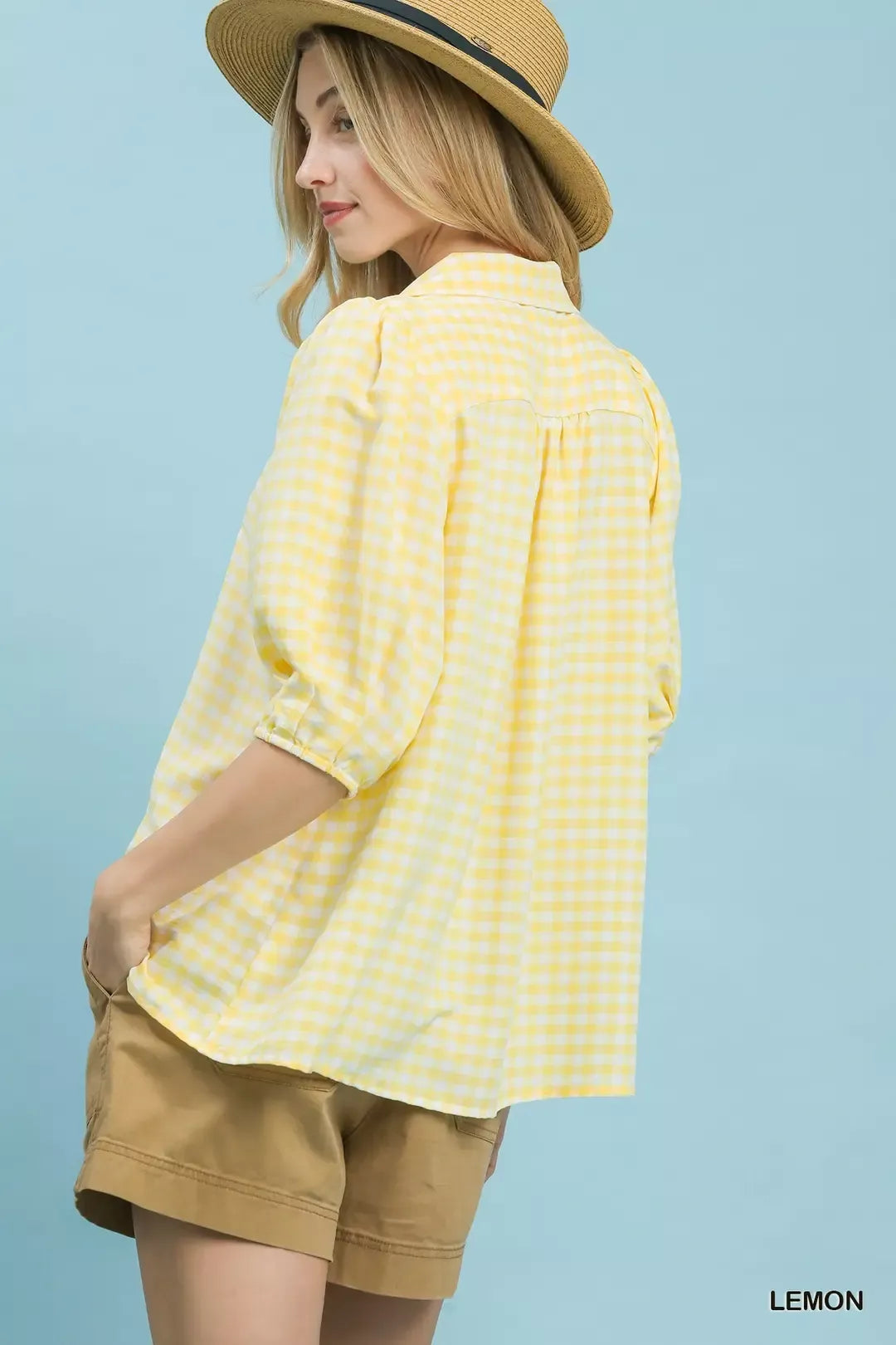 Lemon Gingham Collared Puff Sleeve Blouse -
